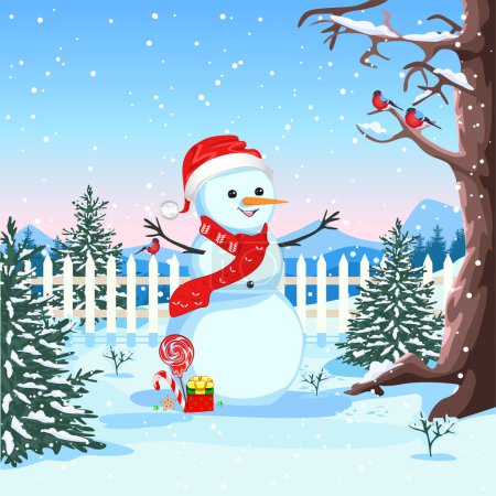 Snowman in a red Christmas hat and scarf on a winter background. Merry christmas and new year. Vector illustration of a cheerful and friendly snowman in cartoon style on the background of a winter landscape.