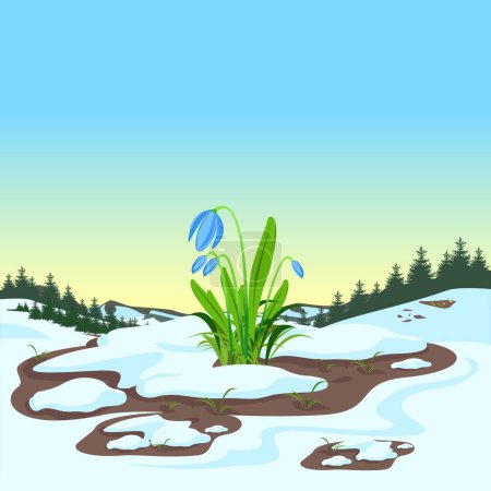 Téléchargez les illustrations : Paysage printanier avec forêt, clairières, neige fondante et chutes de neige. Belle illustration de fond printanier. Vecteur - en licence libre de droit