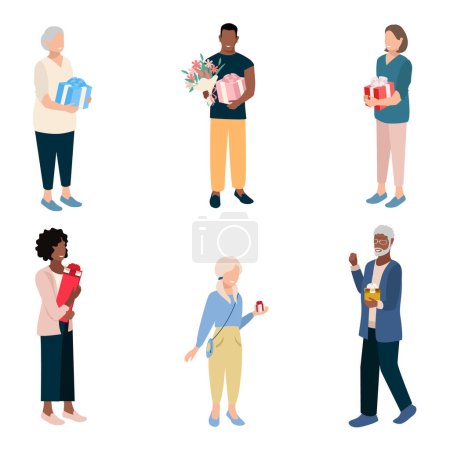 Illustration for Happy people with gifts in their hands. A set of vector illustrations of friendly people of different ages in a simple style. Shopping, sale and holiday greetings. - Royalty Free Image
