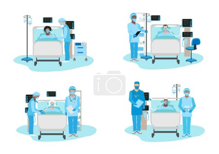 Illustration for Nurses care for patients in the intensive care unit. Thank you nurses and doctors. Medical technology and life saving. Set of vector illustration. - Royalty Free Image