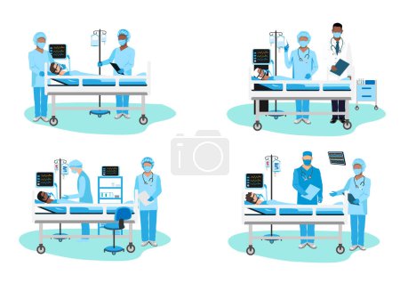 Nurses care for patients in the intensive care unit. Thank you nurses and doctors. Medical technology and life saving. Set of vector illustration.