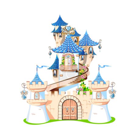 Illustration for Fairytale castle of beautiful princess. Castle with blue gem hearts, roofs, towers and gates on a white background. Vector illustration for a fairy tale. - Royalty Free Image