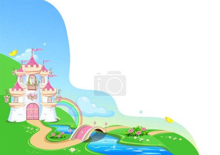 Ilustración de Fondo de cuento de hadas con hermoso castillo rosa princesa. Un castillo con corazones de joya rosa, torres, un puente sobre un río y un sendero en un hermoso paisaje. Ilustración vectorial de un cuento de hadas - Imagen libre de derechos