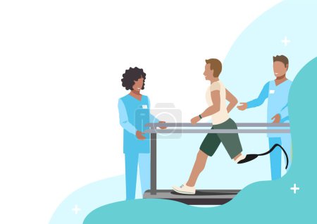 Illustration for A man with a prosthetic leg undergoes rehabilitation at a medical center. A man after an amputation, together with a doctor, learns to run on a prosthetic leg. Vector illustration - Royalty Free Image
