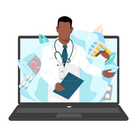 Der Arzt konsultiert den Patienten per Online-Videolink. Der Arzt schreibt ein Rezept und verschreibt die Behandlung online. Gesundheitswesen online. Vektor-Illustration isoliert auf weißem Hintergrund.