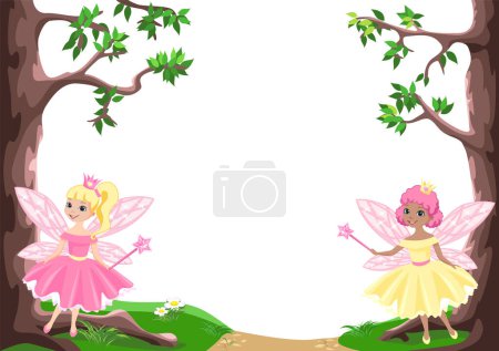 Ilustración de Fairy tale frame with two beautiful little fairies and princesses. Cute fairies with magic wands. Wonderland and dreamland. Vector illustration. - Imagen libre de derechos