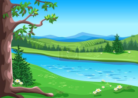 Téléchargez les illustrations : Fairytale forest with trees, flowering meadow, river and blue sky in cartoon style. The beauty of nature. Vector illustration of a beautiful landscape. - en licence libre de droit