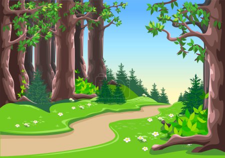 Ilustración de Path through a fairy tale forest with big old trees and a flowering meadow. Vector illustration of beautiful nature. - Imagen libre de derechos