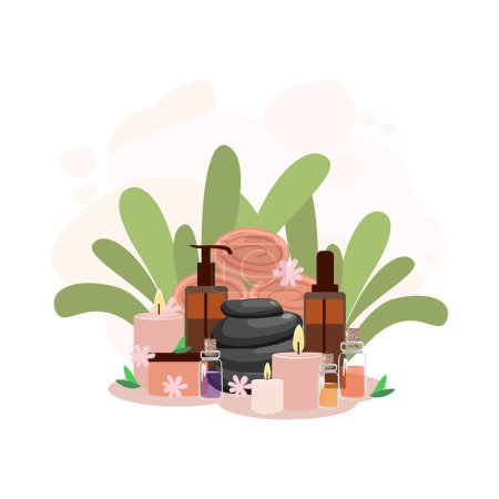 Illustration for Composition of bottles with massage and aromatic oils and cosmetic creams. Relaxation in the spa. Vector illustration for advertising, flyers and social media. - Royalty Free Image