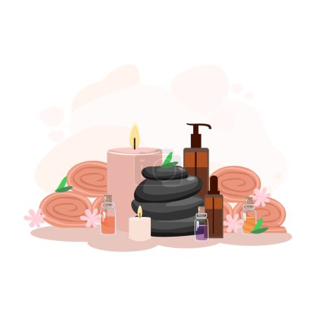 Illustration for Composition of bottles with massage and aromatic oils and cosmetic creams. Relaxation in the spa. Vector illustration for advertising, flyers and social media. - Royalty Free Image