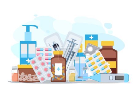 Illustration for Composition of medical preparations on a white background. Tablets, medicines, capsules, ointments, syringes, thermometers, ampoules, medical jars. Pharmaceutics. Flat vector illustration - Royalty Free Image