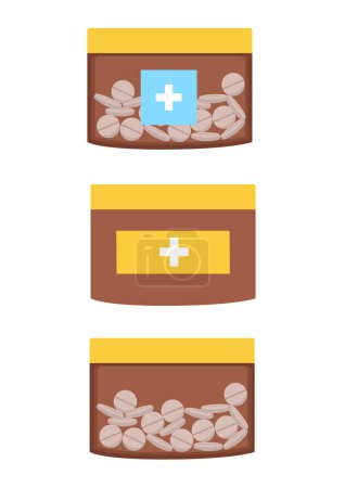 Illustration for Vector set of brown medical bottles with capsules or pills. Medicinal products. Health care and medicine. - Royalty Free Image