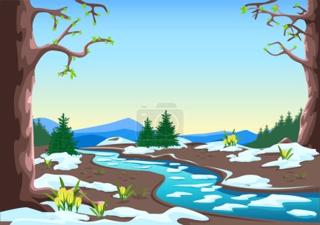 Ilustración de Spring landscape with big trees, river, forest, melting snow and first flowers. Ice drift on the river. Beautiful spring background illustration. Vector - Imagen libre de derechos