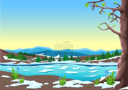 Téléchargez les illustrations : Spring landscape with big trees, river, forest, melting snow and first flowers. Ice drift on the river. Beautiful spring background illustration. Vector - en licence libre de droit