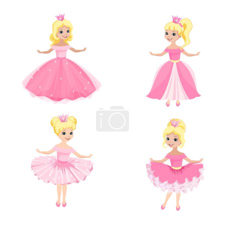 Illustration for Beautiful princess in a crown and a pink dress. Vector set of four princesses with different hairstyles and different dresses. - Royalty Free Image
