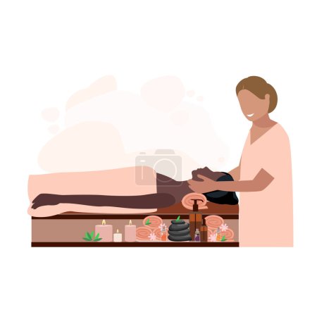 Illustration for The masseur makes a face massage to a girl. Relaxation and skin care in the spa salon. Vector illustration for advertising, flyers and social networks. - Royalty Free Image