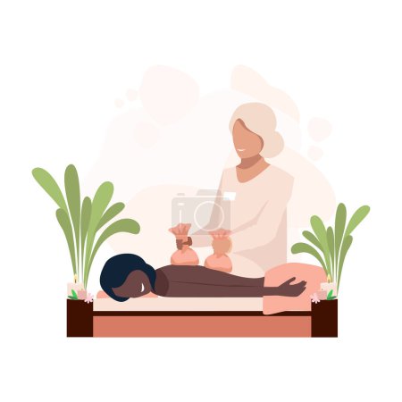 Illustration for Back massage with aromatic herbal bags in the spa salon. Aromatherapy. Alternative medicine. Eastern medicine. Relaxation and recovery. Vector illustration isolated on white background. - Royalty Free Image