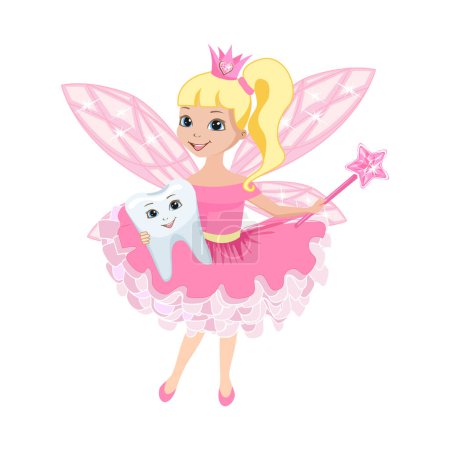 Illustration for Tooth fairy in a caron and with a magic platter. The tooth fairy holds a cheerful tooth in her hands. Healthy teeth. Cute fairy tale character. Vector illustration. - Royalty Free Image