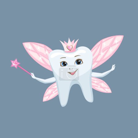 Illustration for Tooth fairy in a caron and with a magic platter. The tooth fairy holds a cheerful tooth in her hands. Healthy teeth. Cute fairy tale character. Vector illustration. - Royalty Free Image