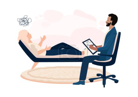 Illustration for The patient is in the psychologist's office and talks about his experiences and problems. Consultation and assistance of a psychologist. Vector illustration in a flat style. - Royalty Free Image
