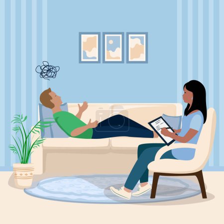 Illustration for The patient is in the psychologist's office and talks about his experiences and problems. Consultation and assistance of a psychologist. Vector illustration in a flat style. - Royalty Free Image