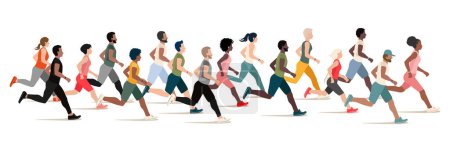 Illustration for A large group of men and women of different nationalities run together. Marathon. Sports and active lifestyle. Flat vector illustration. - Royalty Free Image