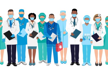 Illustration for Doctors and nurses seamless pattern. Thank you doctors for saving lives. Doctors, nurses and paramedics in medical clothes and protective masks of different nationalities and genders. - Royalty Free Image