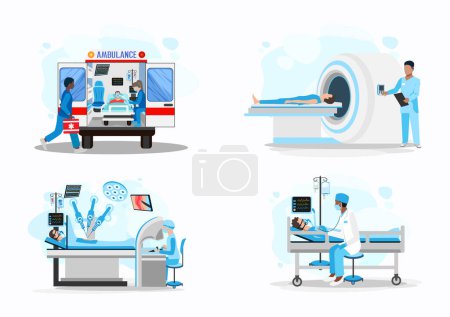 Illustration for Doctor and patient vector illustration set. Paramedics provide assistance to the patient, MRI examination, robotic surgery, resuscitation, life saving. Thank you doctors and nurses. - Royalty Free Image