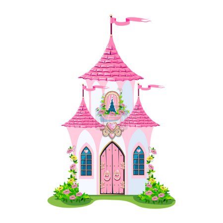 A beautiful pink castle of a beautiful princess with a balcony and heart-shaped jewels, towers, windows and gates. Vector illustration of fairy tale architecture on a white background