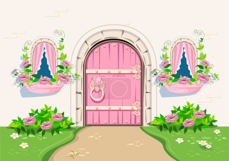Die Tür zum wunderschönen rosafarbenen Schloss der schönen Prinzessin ist mit herzförmigen Schmuckstücken, Fenstern und wunderschönen Blumenbeeten dekoriert. Vektor-Illustration der märchenhaften Architektur aus nächster Nähe