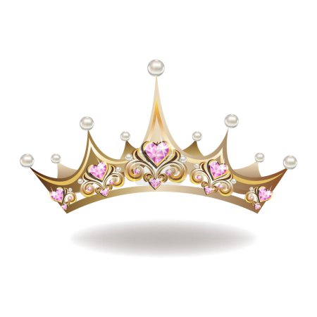 Illustration for Princess crown or tiara with pearls and pink gems in the shape of a heart vector illustration isolated on white background. - Royalty Free Image