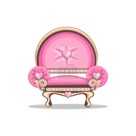 Beautiful pink throne or armchair for a beautiful princess, adorned with heart shaped pink gems. Upholstered furniture to decorate the interior of the princess castle.Vector illustration isolated on white background.