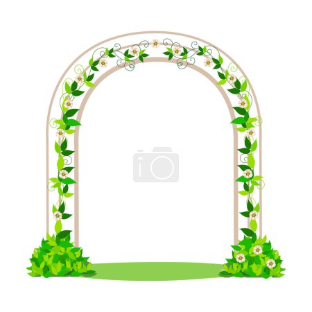 Ilustración de Un hermoso arco de bodas decorado con delicadas flores y follaje en un estilo simple. Ilustración vectorial para decoraciones de bodas, postales o redes sociales sobre fondo blanco. - Imagen libre de derechos