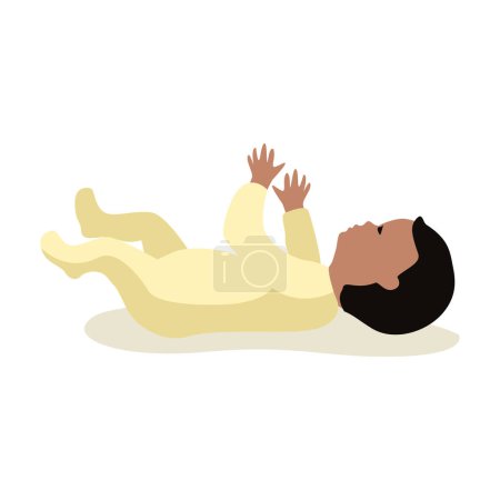 A newborn baby in a bodysuit lies on his back. Monitoring the child's development. Motherhood. Vector illustration in flat style on a white background.