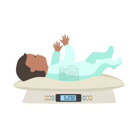 A newborn baby lies on the scales. Pediatrics. Monitoring the child's development. Vector illustration in flat style on a white background.