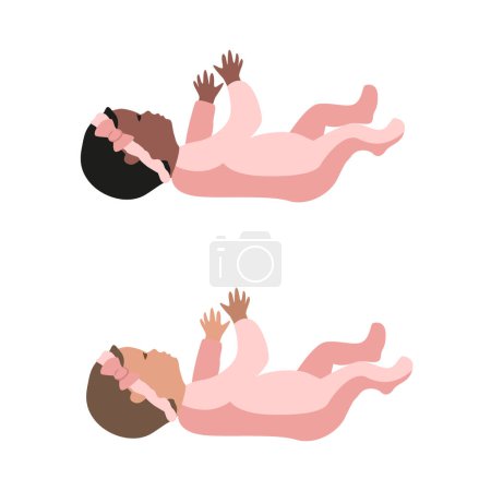 Neugeborenes Mädchen im rosafarbenen Body und mit einer rosafarbenen Schleife auf dem Kopf. Überwachung der Entwicklung des Kindes. Mutterschaft. Vektordarstellung in flachem Stil auf weißem Hintergrund.
