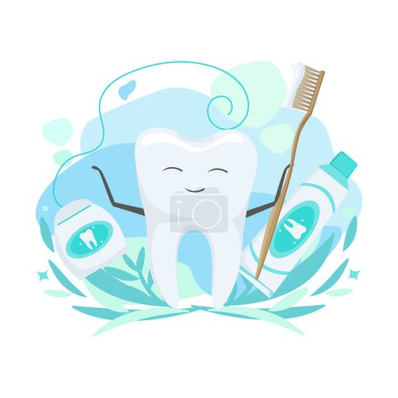 Illustration for Cute healthy tooth with toothpaste, dental score and dental floss in cartoon style. Dentistry. Dental care. Vector illustration. - Royalty Free Image