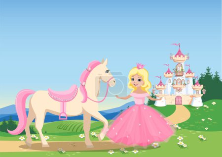 Ilustración de Una hermosa princesa camina cerca del castillo con un caballo blanco con melena rosa. Ilustración de vectores de cuentos de hadas en el fondo de un hermoso paisaje. - Imagen libre de derechos