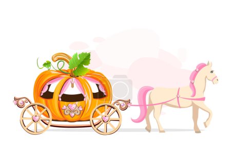 A fairytale carriage made of a pumpkin decorated with heart-shaped jewels and drawn by a white horse with a pink mane. Fairy tale vector illustration on abstract pink background.