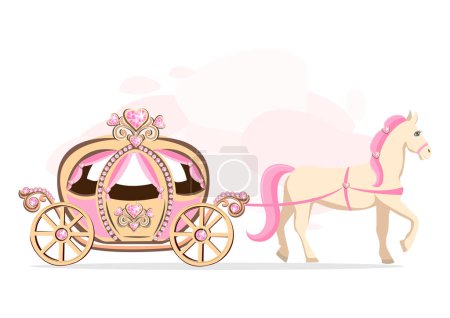 A pink carriage decorated with heart-shaped jewels and drawn by a white horse with a pink mane. Fairy tale vector illustration on abstract pink background.