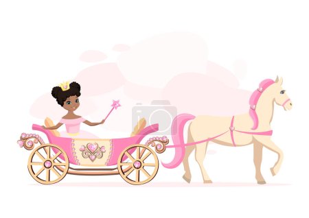 A beautiful princess in a pink carriage decorated with heart-shaped jewels and drawn by a white horse with a pink mane. Fairy tale vector illustration on abstract pink background.