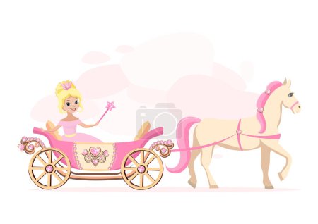 Une belle princesse dans une calèche rose ornée de bijoux en forme de c?ur et dessinée par un cheval blanc avec une crinière rose. Illustration vectorielle de conte de fées sur fond rose abstrait.