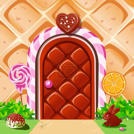 Süße Tür zum Bonbonland. Süße Tür mit Karamellrand und Lutschern. Köstliches Gebäck Hintergrund im Cartoon-Stil. Vektorillustration.