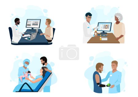 Set of vector illustrations of doctor and patient. Patient in the doctor's office, elderly customer in the pharmacy, Partner childbirth, rehabilitation and prosthetics. Thanks to the doctors and nurse