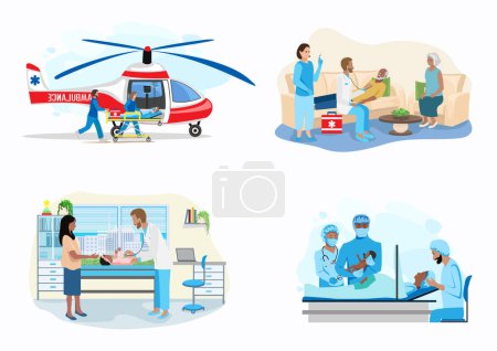 Set of vector illustrations of doctor and patient. Transporting a patient by helicopter, paramedics provide assistance to the patient, Partner childbirth, pediatrician examines the child. 