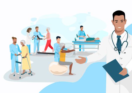 The doctor shows how elderly patients undergo orthopedic rehabilitation with a physiotherapist. Rehabilitation of the elderly. Restoring health after illness and injury. Flat vector illustrations.