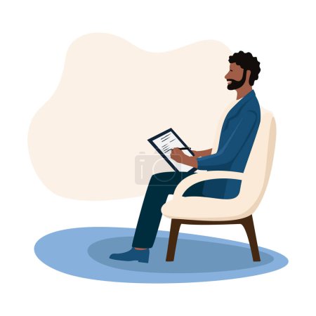Un hombre toma notas mientras está sentado en una silla. Un hombre se sienta en una silla y escribe en un seminario, conferencia, capacitación o conferencia. Gente de negocios. Ilustración vectorial en estilo plano.