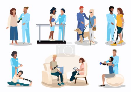 Patients undergo rehabilitation with a physiotherapist after prosthetics, spinal injuries and vision loss. Psychological assistance, adaptation and recovery after limb prosthetics. Set of flat vector illustrations.