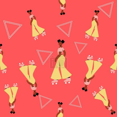 Photo for Tile background with triangles and black girl skater with afro puffs. - Royalty Free Image