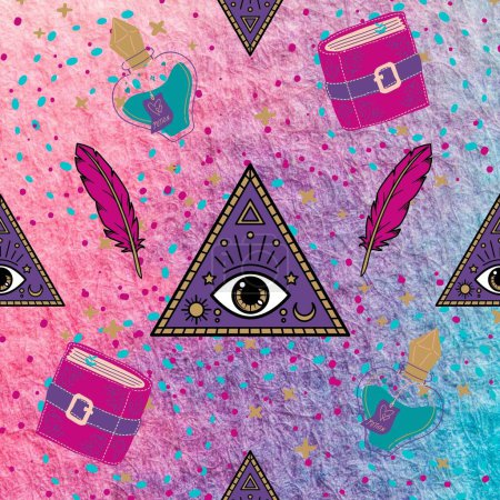 Foto de Tile background with eye on pyramid, feathers, and spellbooks. - Imagen libre de derechos